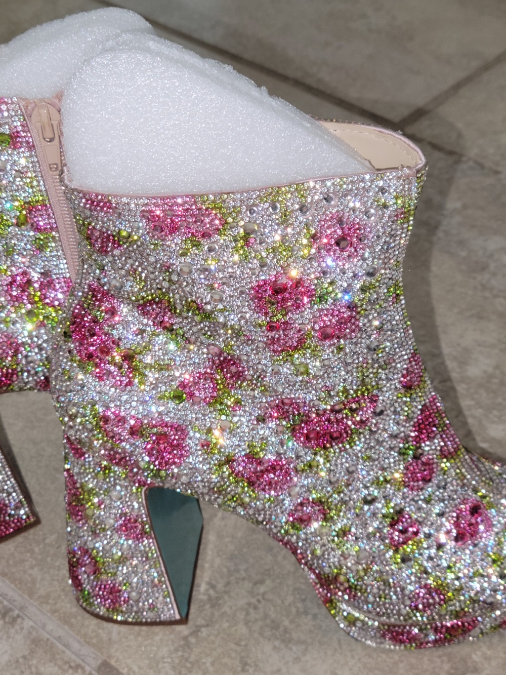 Betsey Johnson Pink Floral Crystal Ankle Boots with Turquoise Soles - Picture 5 of 6